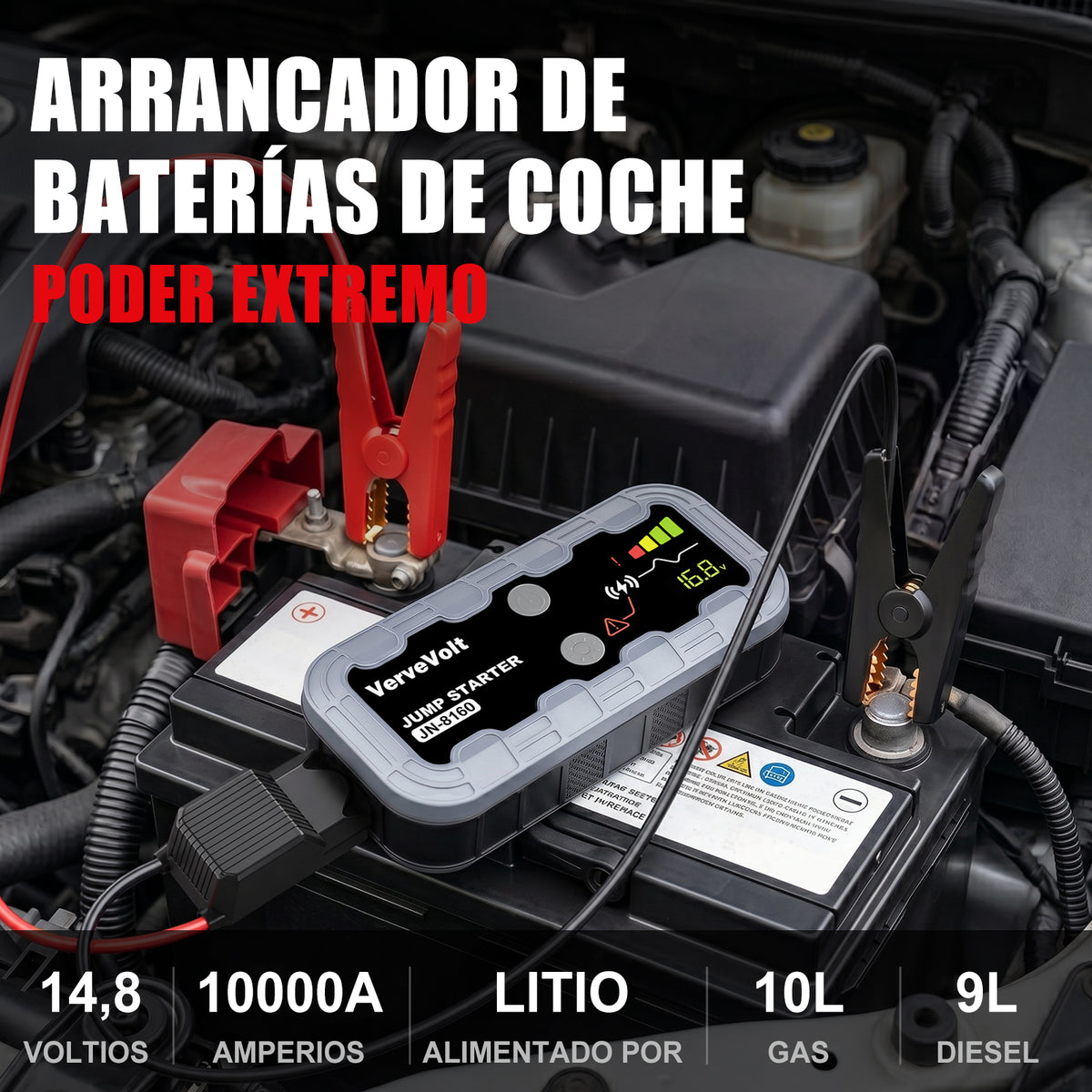 𝟭𝟬𝟬𝟬𝟬𝗔 Arrancador de Baterias de Coche - Jump Starter Linterna LED y Pinzas Inteligentes, Protección de Seguridad Car Jump Starter para SUV Camions (10L Gas & 9L Diesel)