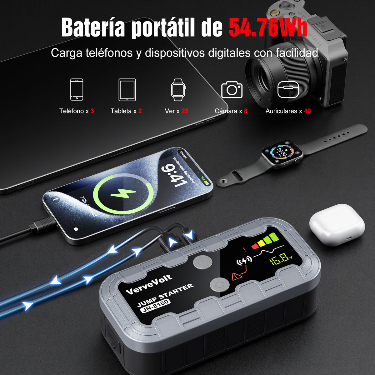 𝟭𝟬𝟬𝟬𝟬𝗔 Arrancador de Baterias de Coche - Jump Starter Linterna LED y Pinzas Inteligentes, Protección de Seguridad Car Jump Starter para SUV Camions (10L Gas & 9L Diesel)