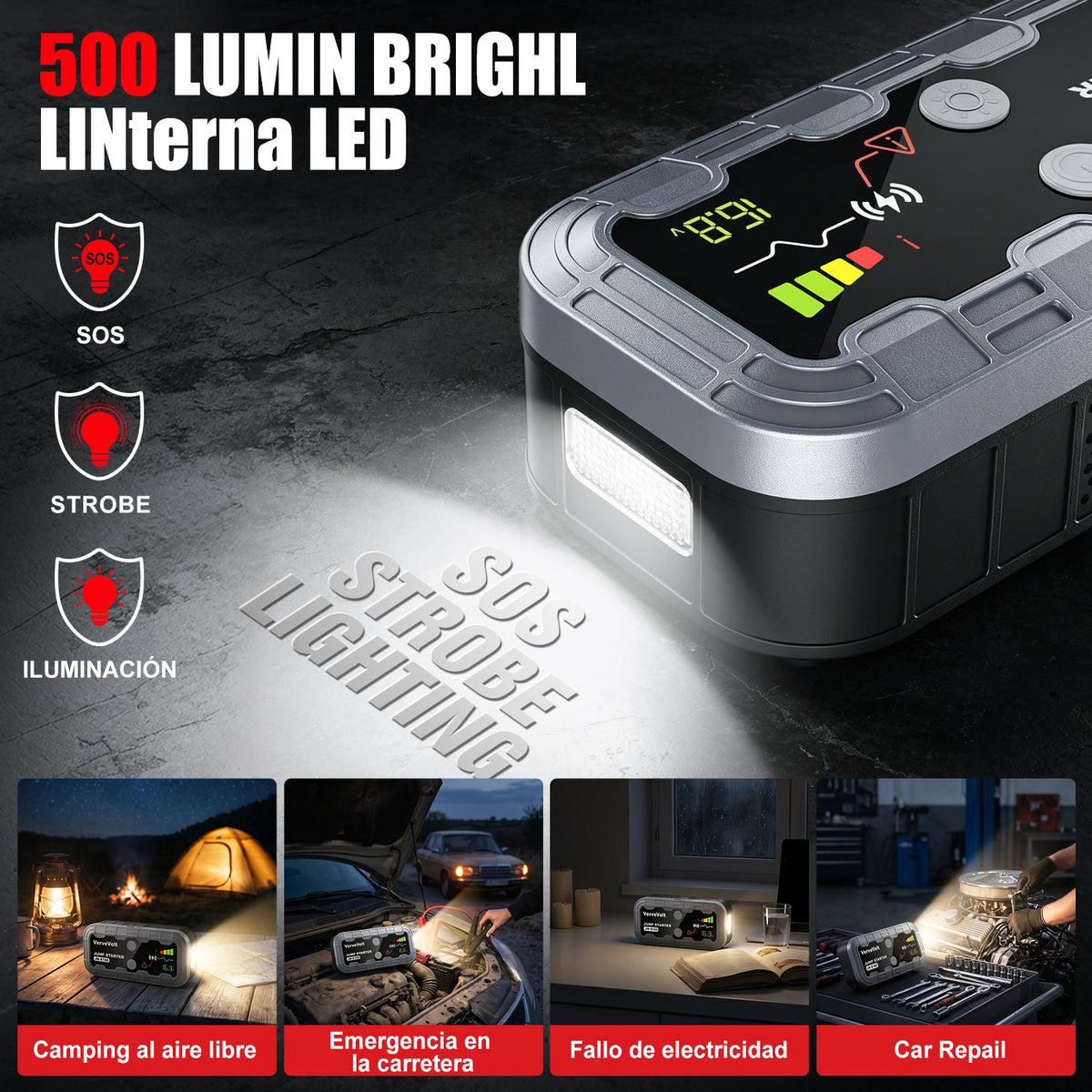 𝟭𝟬𝟬𝟬𝟬𝗔 Arrancador de Baterias de Coche - Jump Starter Linterna LED y Pinzas Inteligentes, Protección de Seguridad Car Jump Starter para SUV Camions (10L Gas & 9L Diesel)