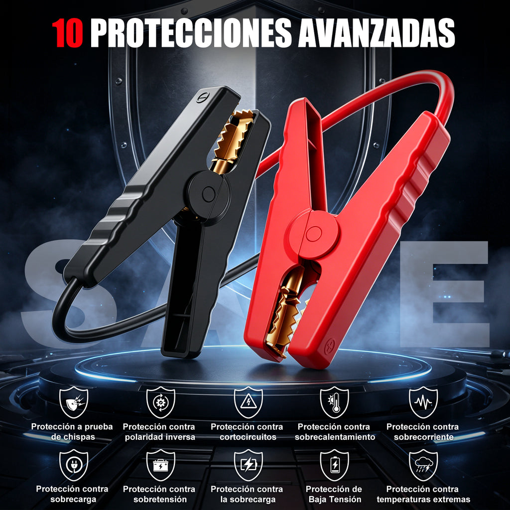 𝟭𝟬𝟬𝟬𝟬𝗔 Arrancador de Baterias de Coche - Jump Starter Linterna LED y Pinzas Inteligentes, Protección de Seguridad Car Jump Starter para SUV Camions (10L Gas & 9L Diesel)
